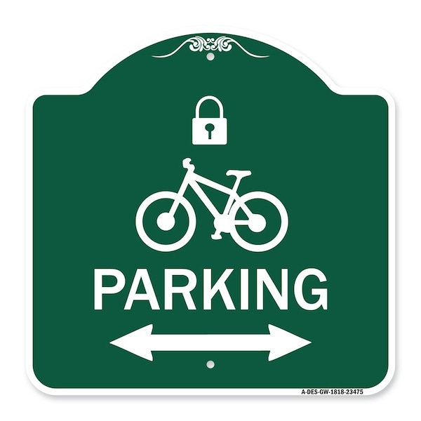Parking W/ Lock Cycle & Bidirectional Arrow, Green & White Aluminum Sign, 18" x 18", GW-1818-23475